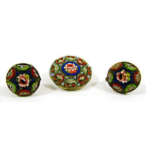 Vintage Small Micro Mosaic Round Floral Brooch and Screw On Earrings